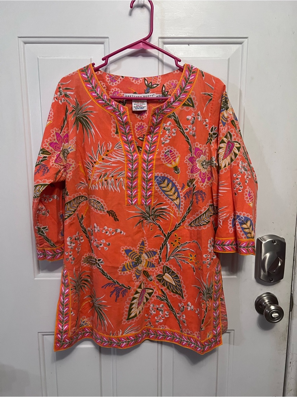 Gretchen Scott Large Coral Orange Embroidered Cotton Tunic Multicolor Floral